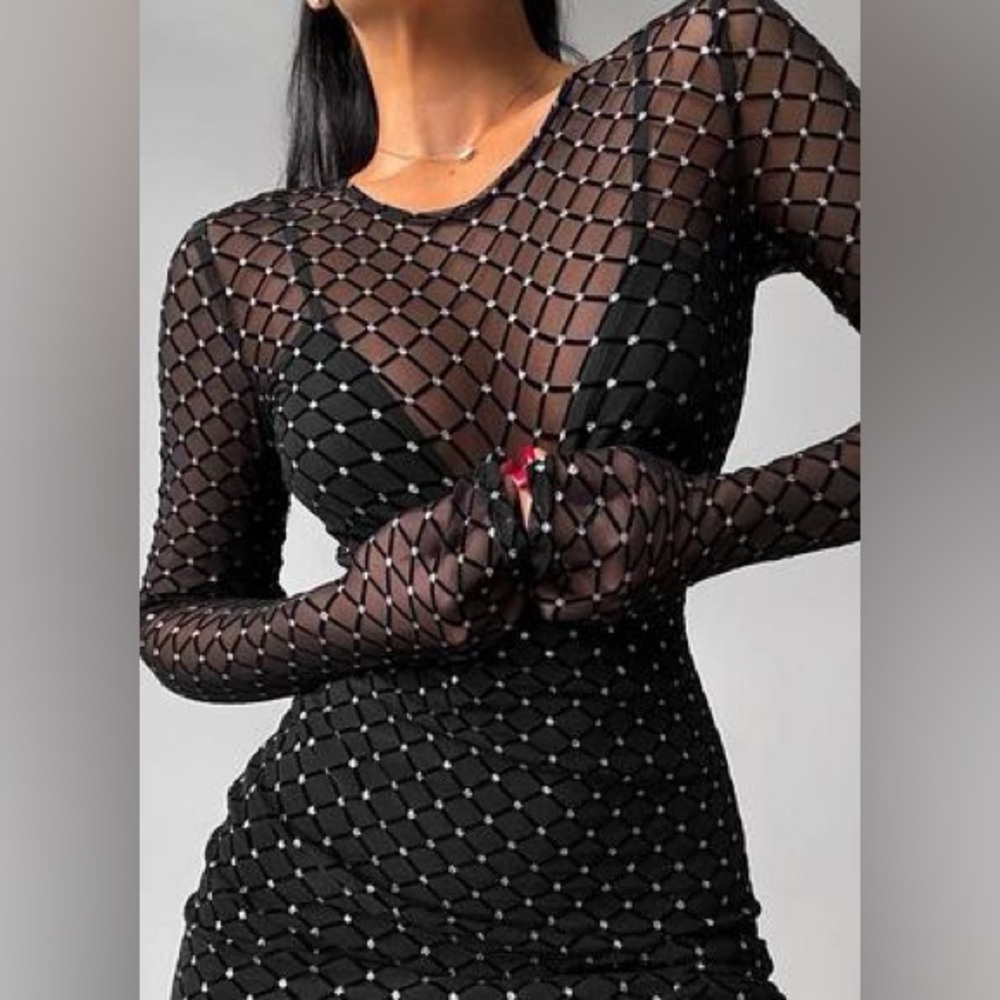 Sheer Long-Sleeve Black Maxi Dress with Embellished Netting